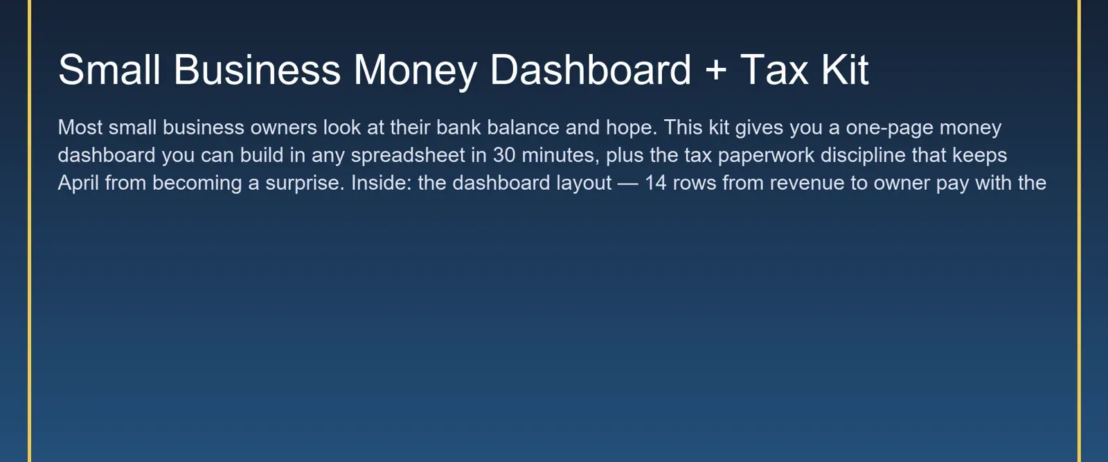 Small Business Money Dashboard + Tax Kit