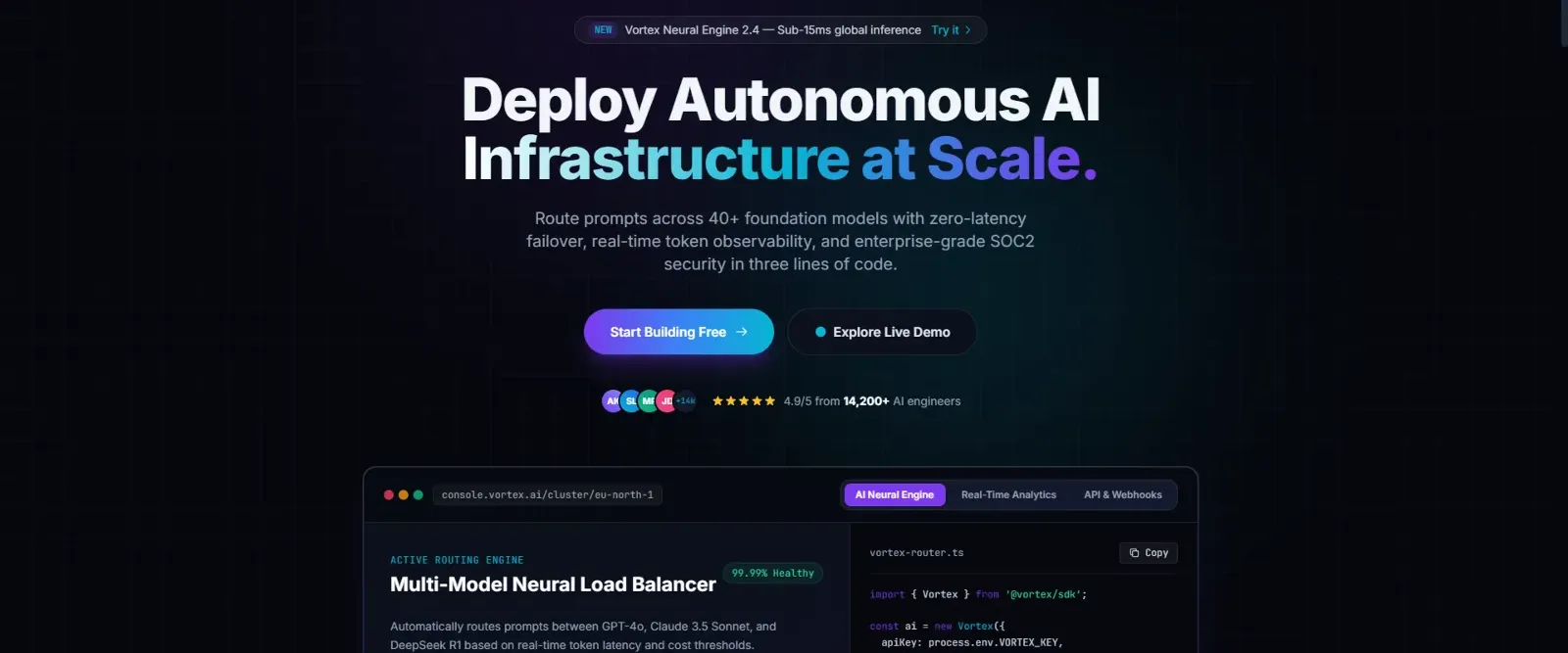 VortexAI — Dark Mode AI SaaS & Startup Landing Page Template