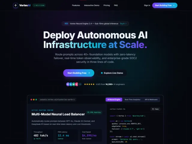 VortexAI — Dark Mode AI SaaS & Startup Landing Page Template