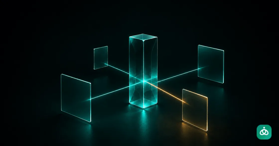 A central teal glass prism connected to four clear surfaces by teal and gold paths