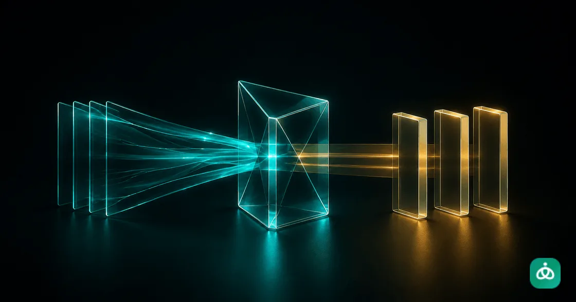 Layers of teal glass content passing through a prism and resolving into three organized gold blocks