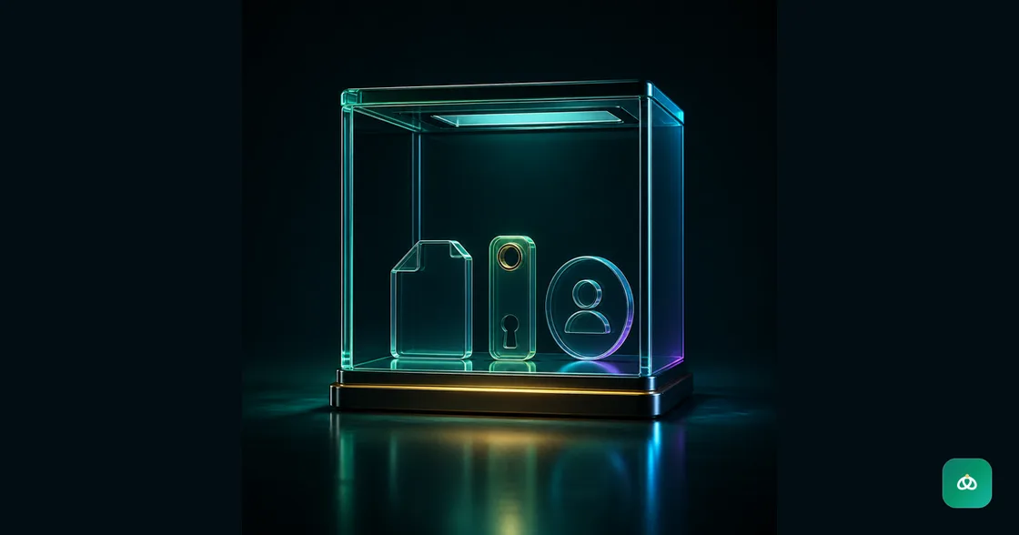 A minimal glass display containing a digital file, software key, and membership pass
