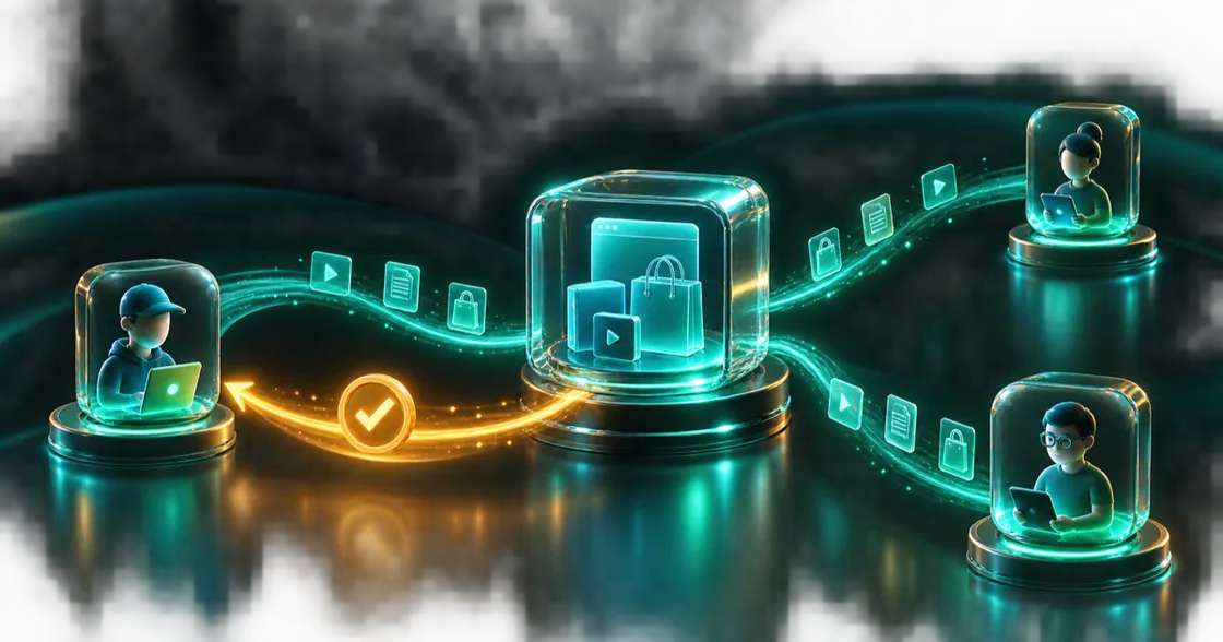 A minimal glass product hub distributing tracked links to a small network of trusted promoters