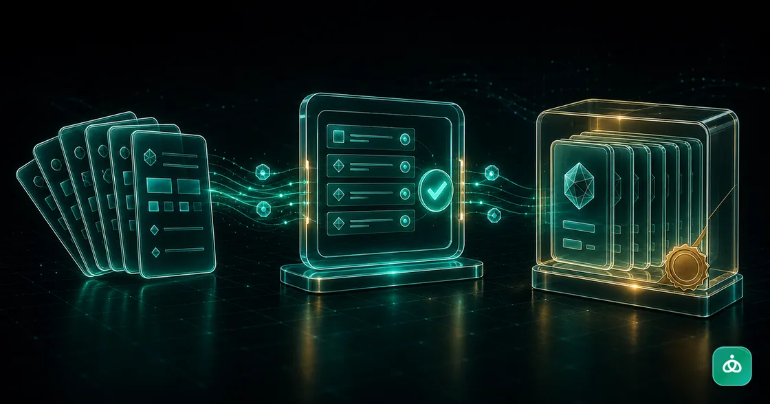 A glass box of tested prompt cards becoming a packaged digital product