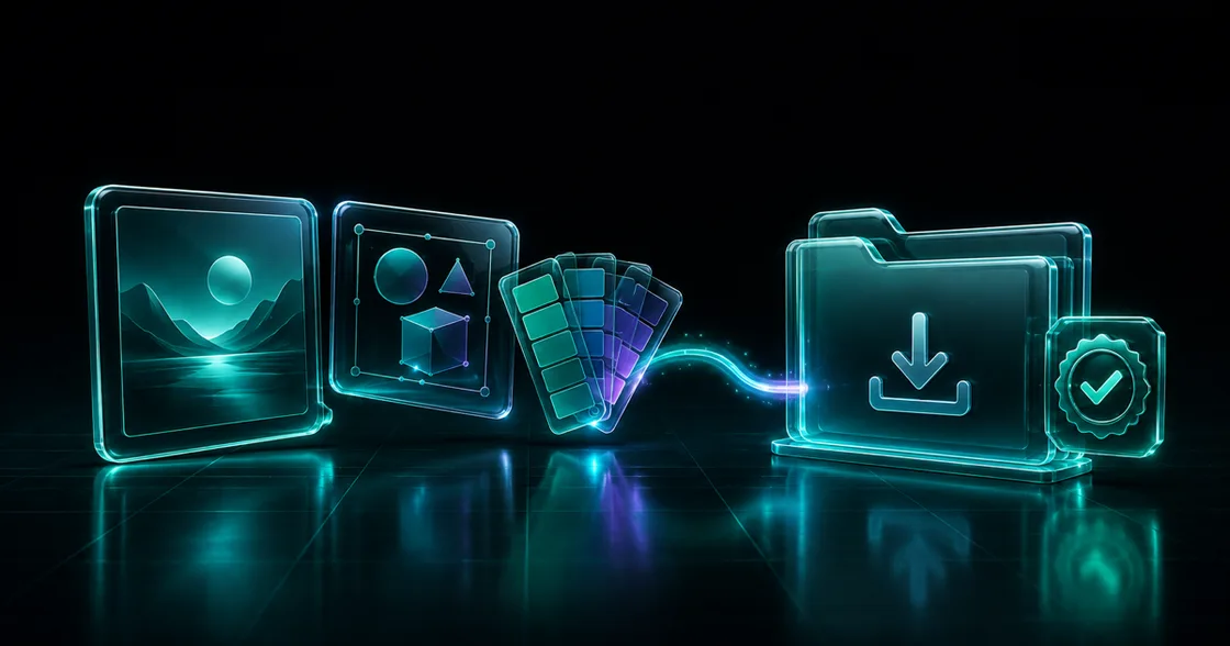 Emerald glass art tiles and color swatches flowing into a licensed digital download package