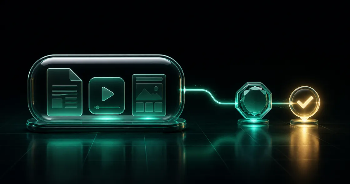 A minimal glass digital product package connected to a glowing USDT checkout path