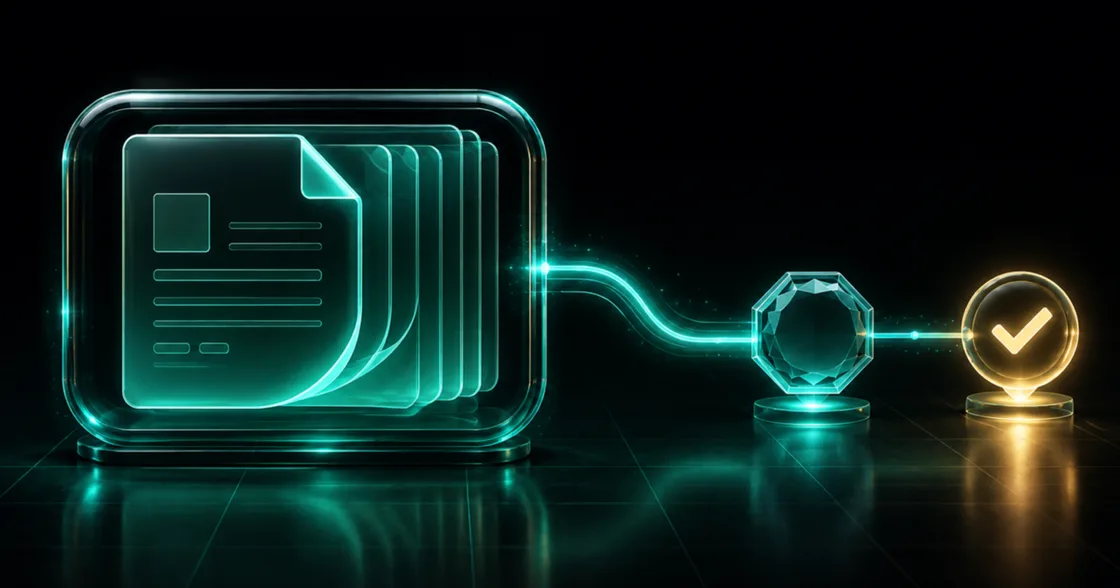 Layered glass ebook and PDF pages connected to an emerald checkout path and a gold confirmation light