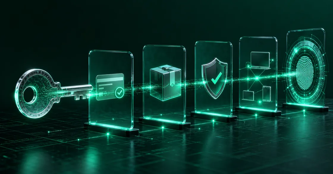A software license key moving through payment, artifact, verification, and device activation checks