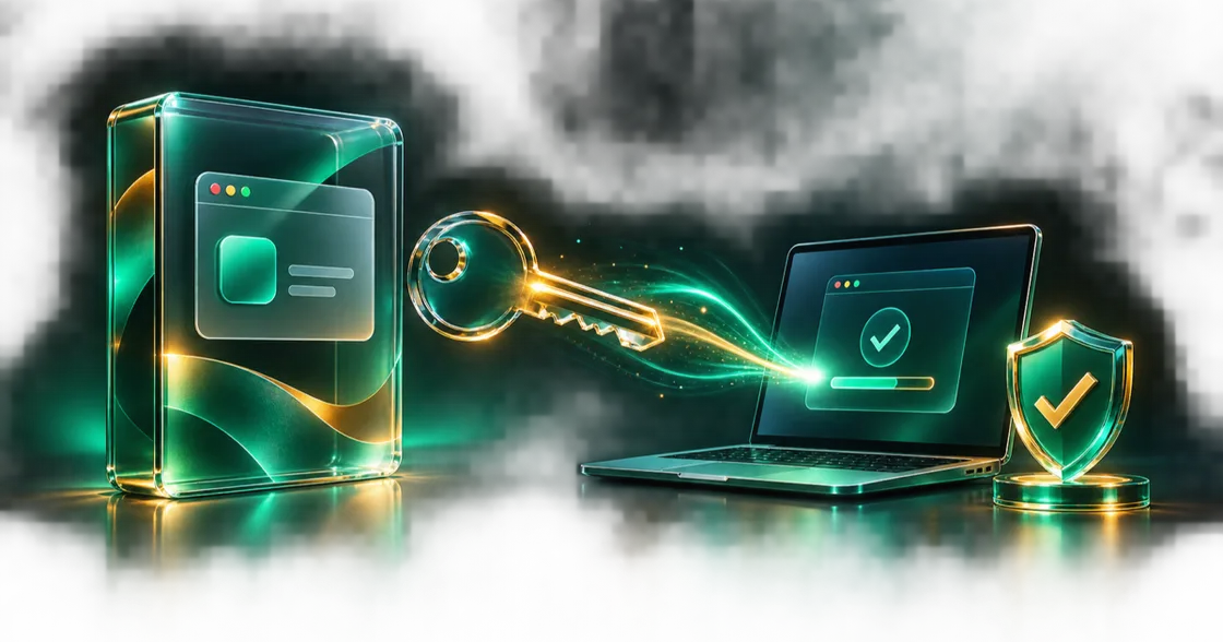 A minimal glass software box connected to a private license key and activation device