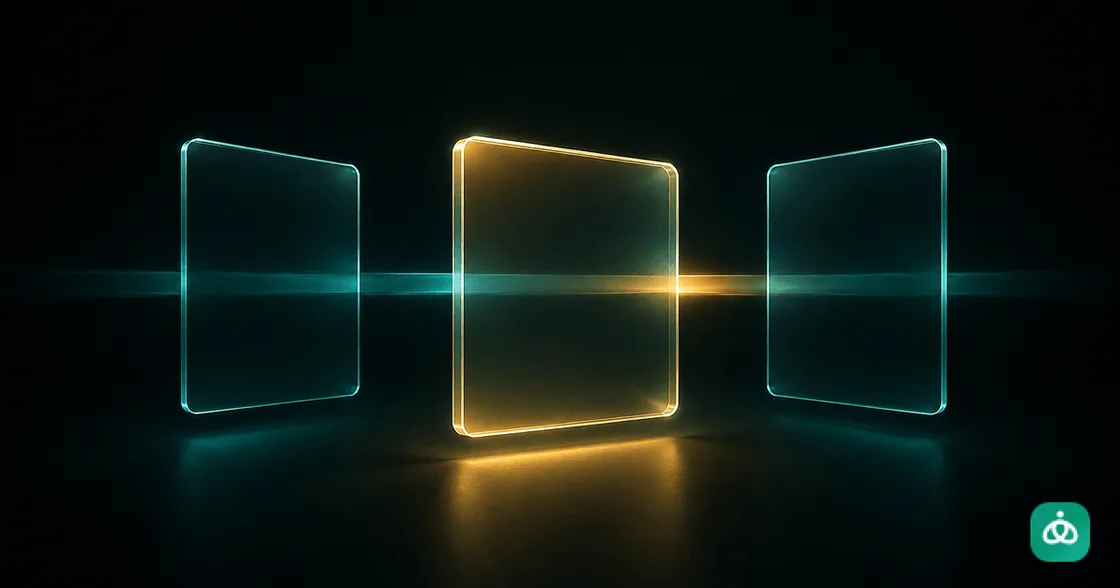 Three blank glass product cards with a teal and gold light path highlighting the relevant center card
