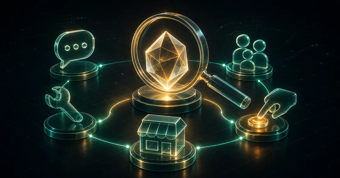 A glass product idea examined through a lens and surrounded by five demand signals