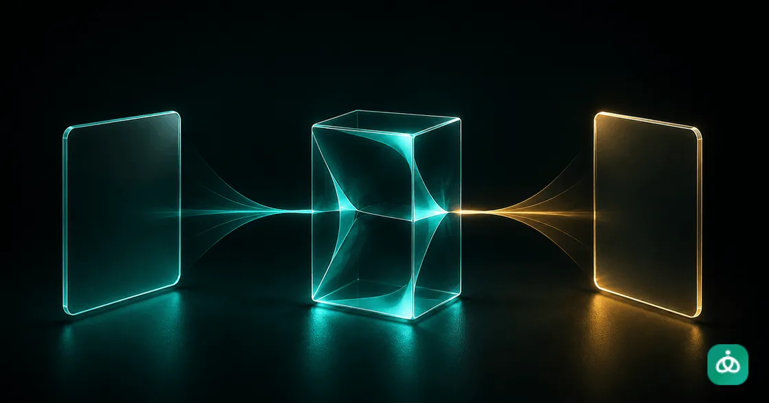 Two blank conversational glass surfaces connected through a central teal product object by teal and gold paths