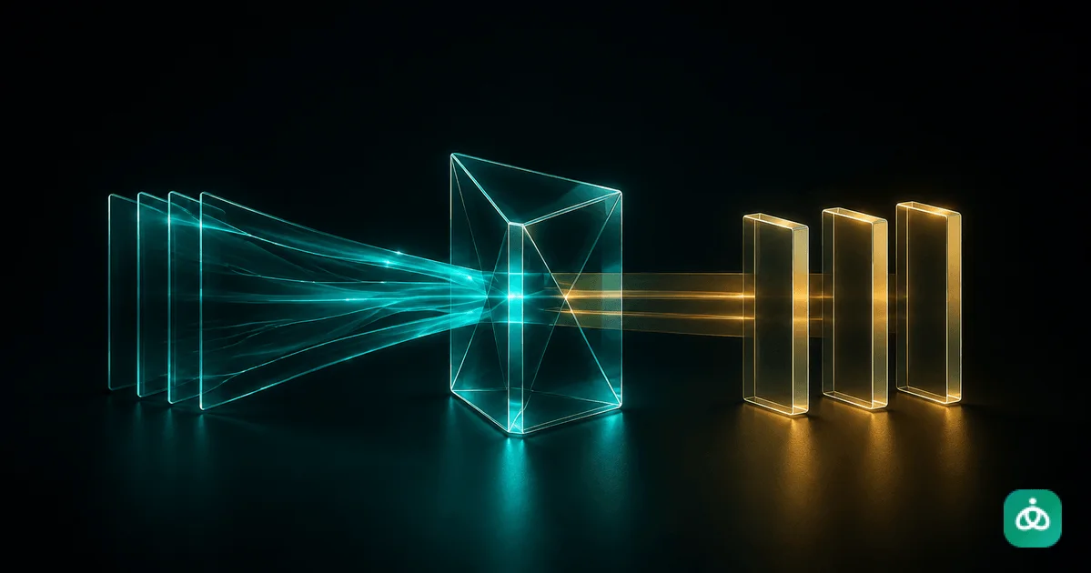 Layers of teal glass content passing through a prism and resolving into three organized gold blocks