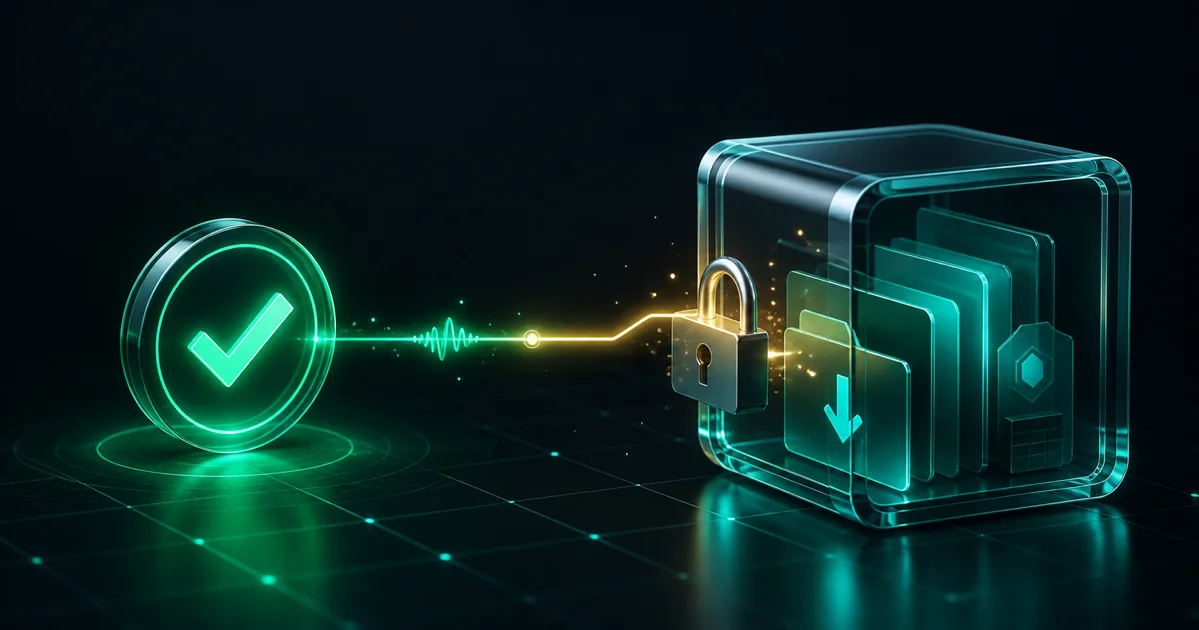 An emerald payment confirmation signal unlocking a private glass package containing digital files