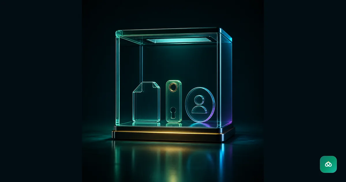 A minimal glass display containing a digital file, software key, and membership pass