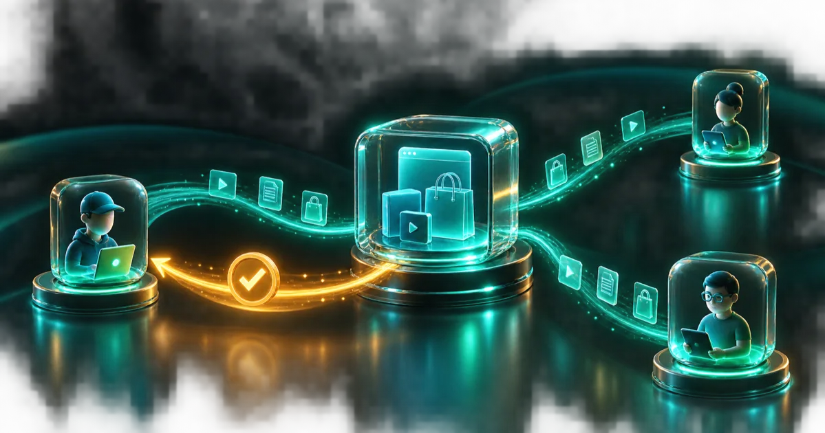 A minimal glass product hub distributing tracked links to a small network of trusted promoters
