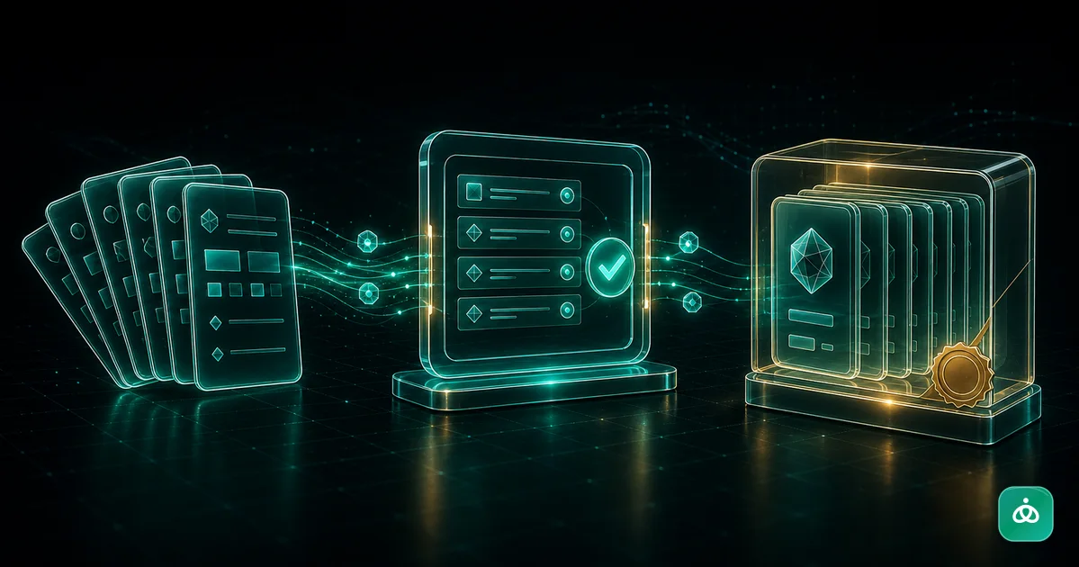 A glass box of tested prompt cards becoming a packaged digital product