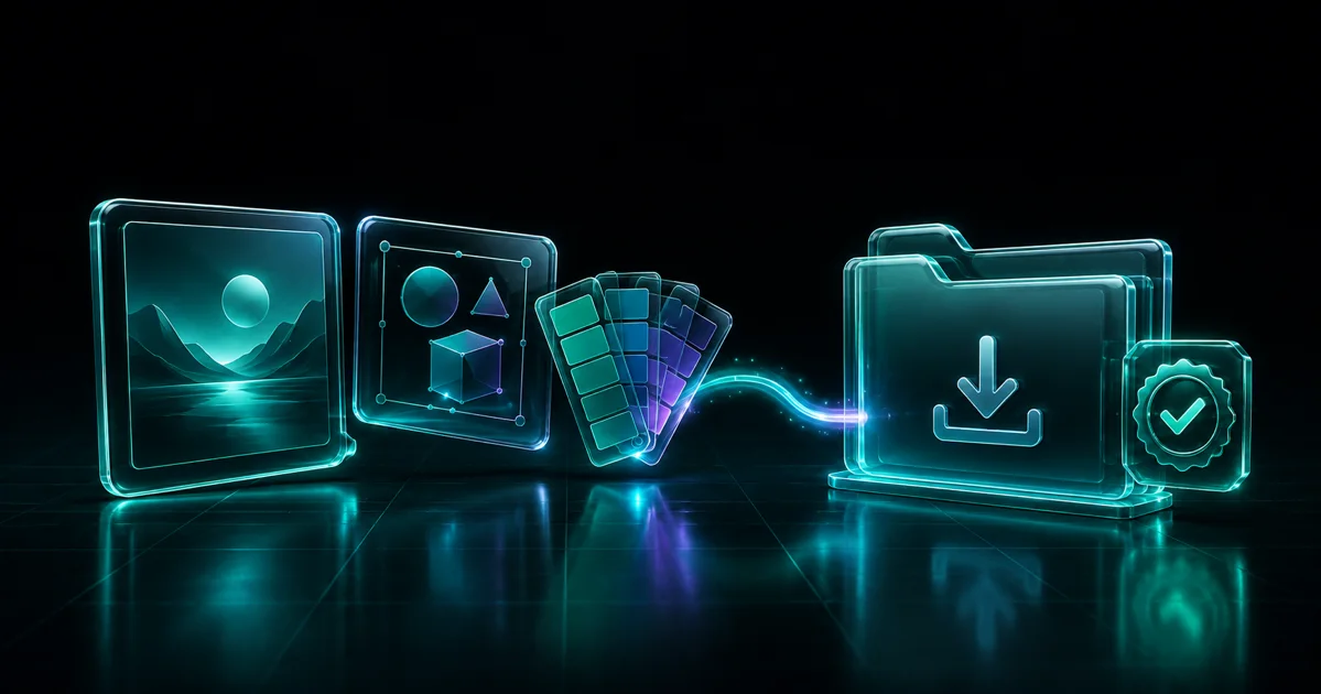 Emerald glass art tiles and color swatches flowing into a licensed digital download package