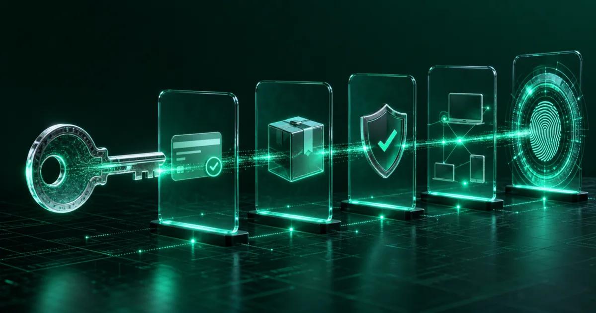 A software license key moving through payment, artifact, verification, and device activation checks