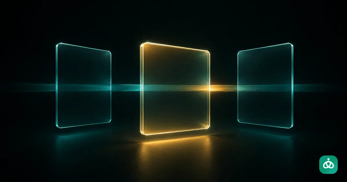 Three blank glass product cards with a teal and gold light path highlighting the relevant center card