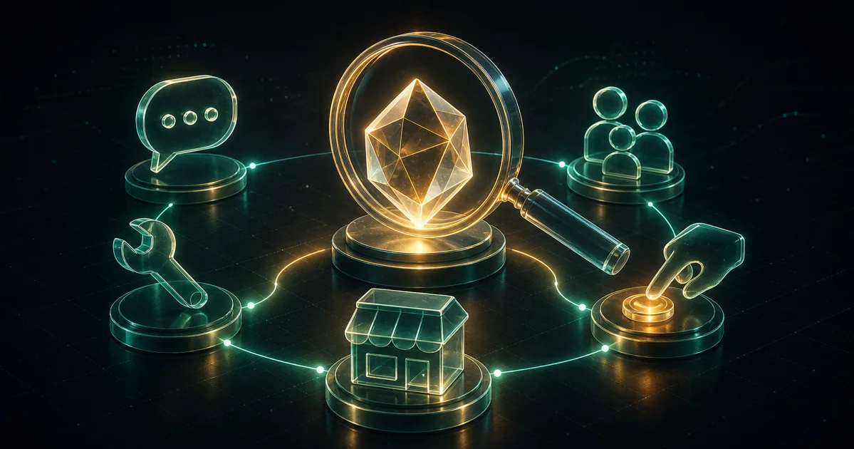 A glass product idea examined through a lens and surrounded by five demand signals